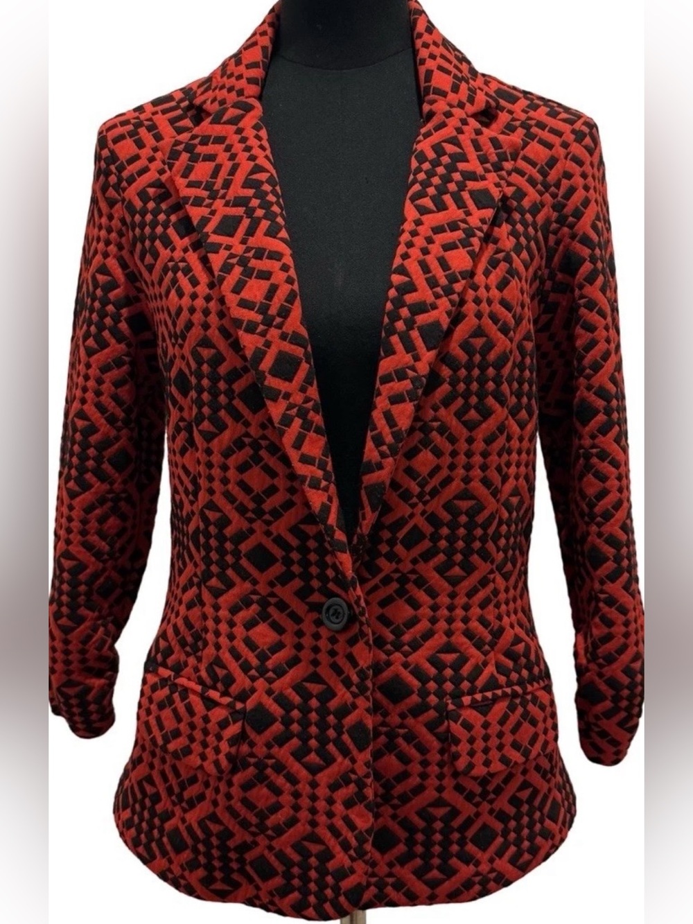 SOHO Apparel Red and Black Blazer, 3/4 Sleeves, Geometric Design, Size Medium